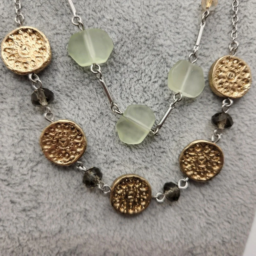 Boho Layered Necklace Gold Coin Crystal Green Bead Silver Tone J. Jill NEW